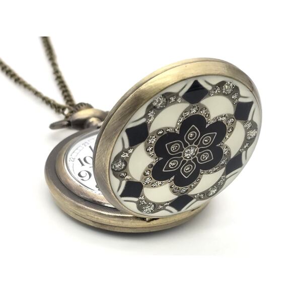 Black & White Floral Pendant & Pocket Watch - Crystal Rhinestones, Vintage Look - Picture 2 of 10